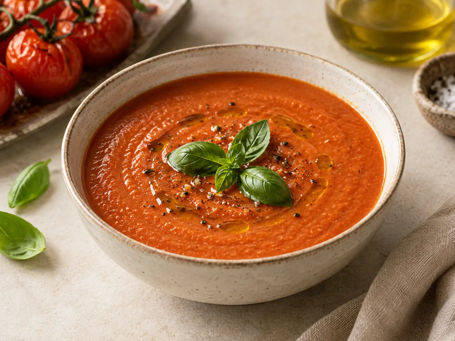 La soupe onctueuse, garnie de basilic