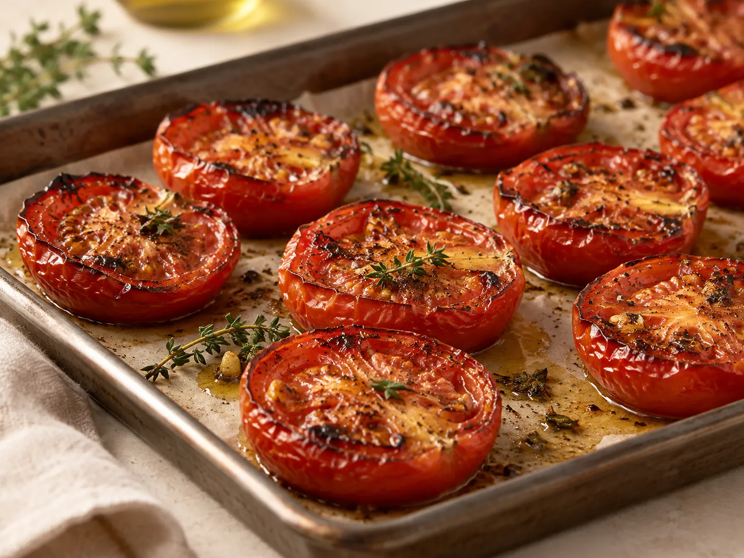 Les tomates rôties au four avec thym et ail