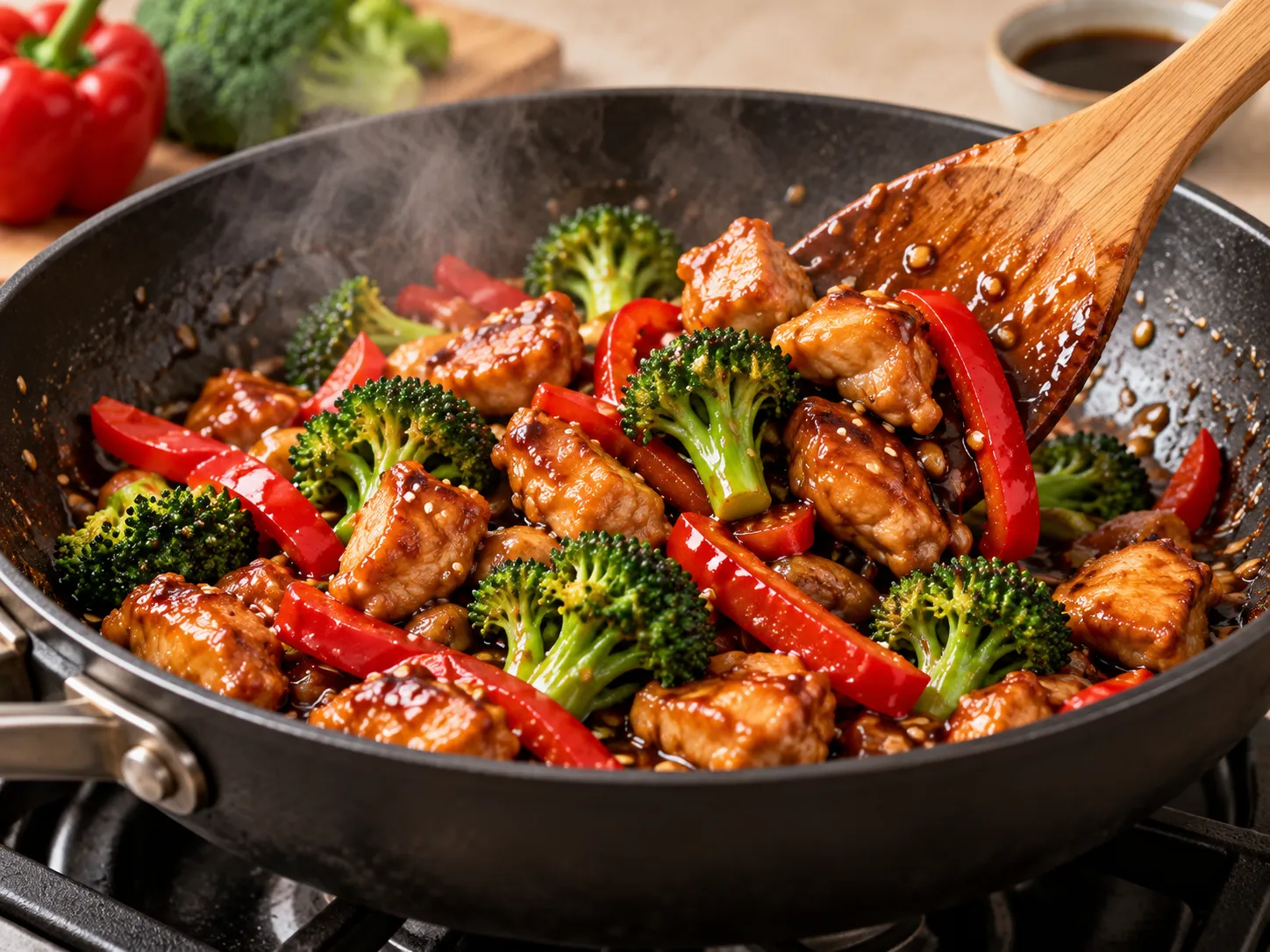 Le poulet et les légumes sautés au wok